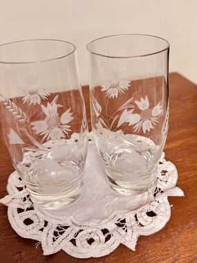 Vintage Floral Etched Glass Tumbler - Set of 2